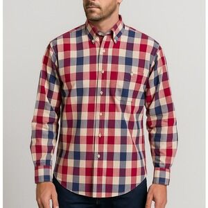 Vtg The Fox Collection Plaid Shirt Mens XL‎ Red Blue White Long Sleeve Hong Kong